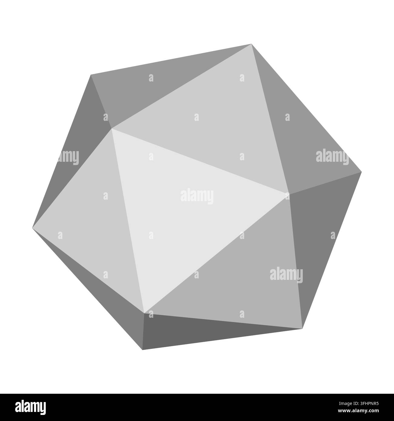 Un icosaedro regolare tridimensionale è mostrato in colore grigio. Questa forma geometrica è composta da venti facce triangolari. È visualizzata su uno sfondo pulito e minimale. Illustrazione Vettoriale