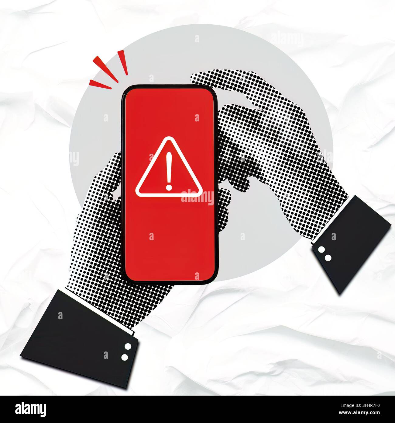 Mani caute che tengono il telefono in mano e mostrano un avviso di truffa, mettendo in evidenza la consapevolezza contro le frodi Foto Stock