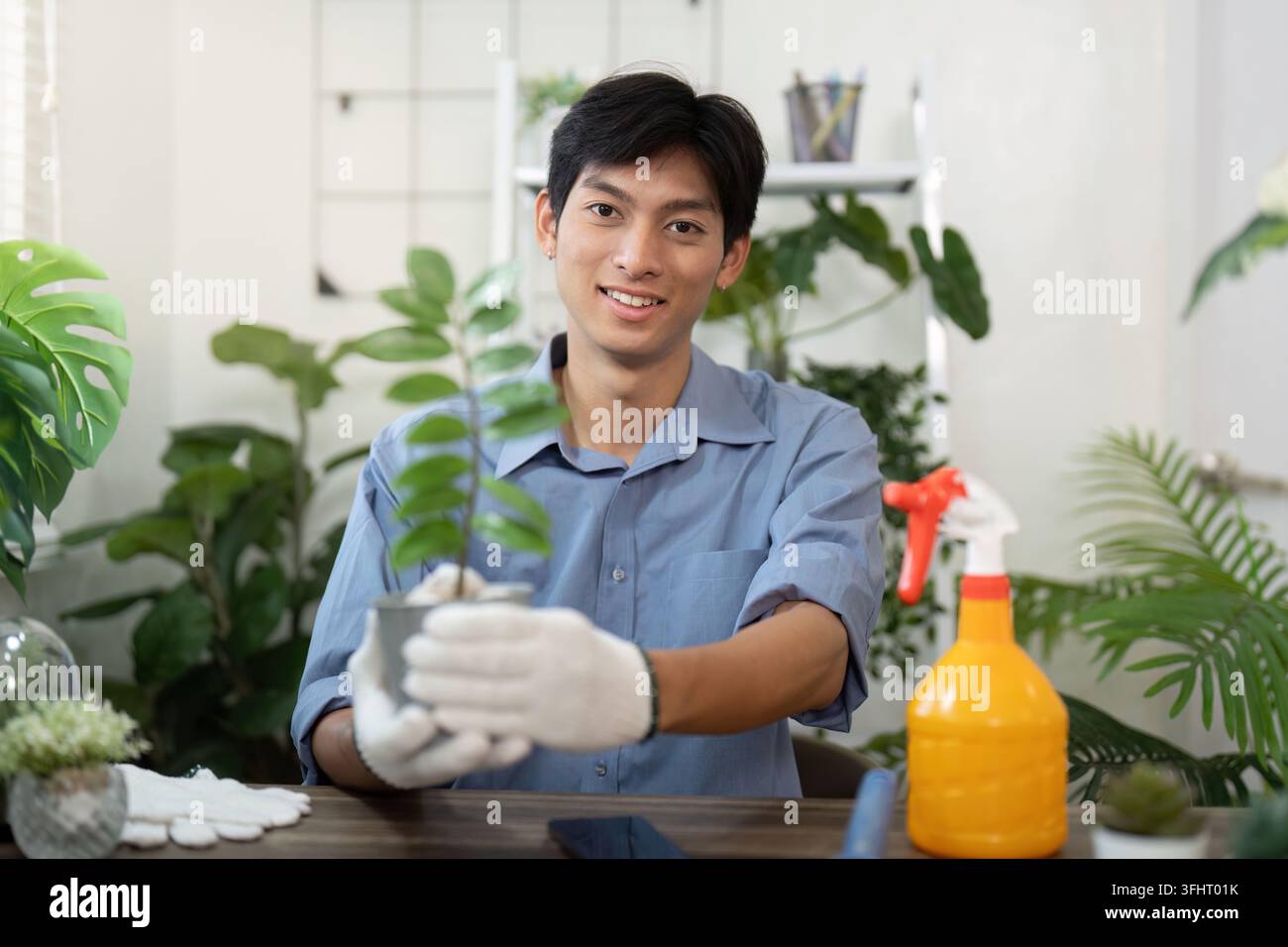 Plant Showcase e Smiles. Una persona sorridente mentre tiene in mano una pianta in vaso, che celebra la vita ecocompatibile. Foto Stock