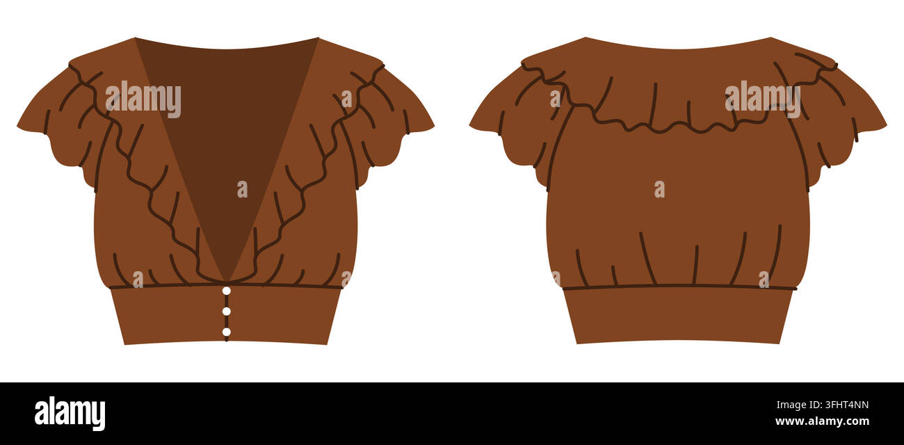 Camicetta con scollo a V svasato, maniche corte e modellatura morbida in vita. Illustrazione tecnica di moda a colore piatto che mostra una silhouette femminile leggera e un design moderno e pulito dell'abbigliamento. Illustrazione Vettoriale