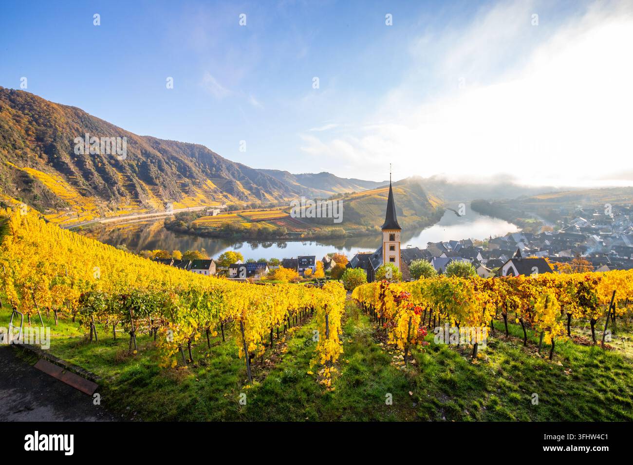 Fiume in Germania che compie una curva di 180 gradi. Con vigneti e un paesaggio bellissimo Foto Stock