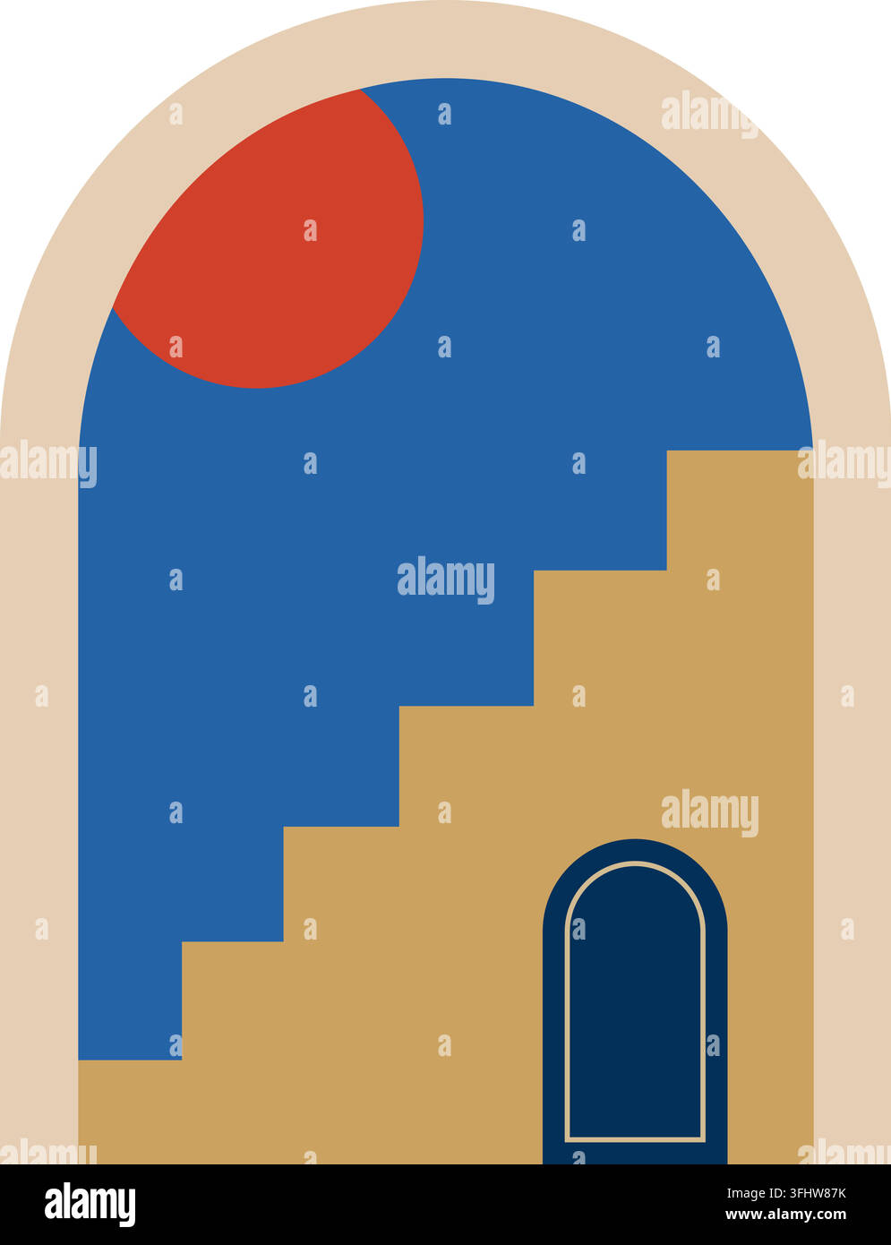 Illustrazione di un passaggio ad arco minimalista con scale, un sole e una porta in uno stile architettonico piatto e moderno Illustrazione Vettoriale