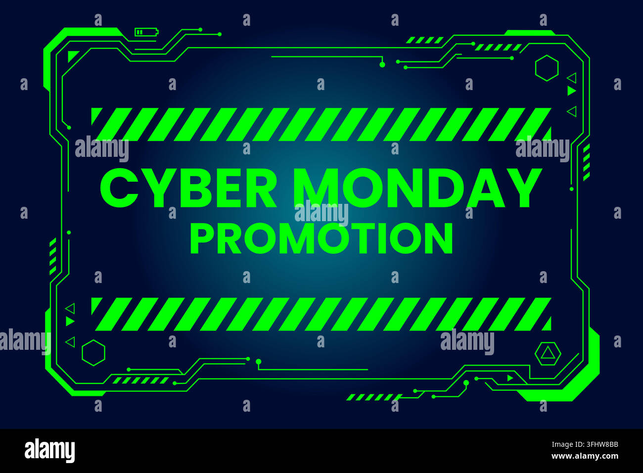 Design futuristico per la promozione del Cyber Monday con cornice HUD tecnologica verde neon e strisce di avvertimento diagonali su sfondo blu scuro Illustrazione Vettoriale