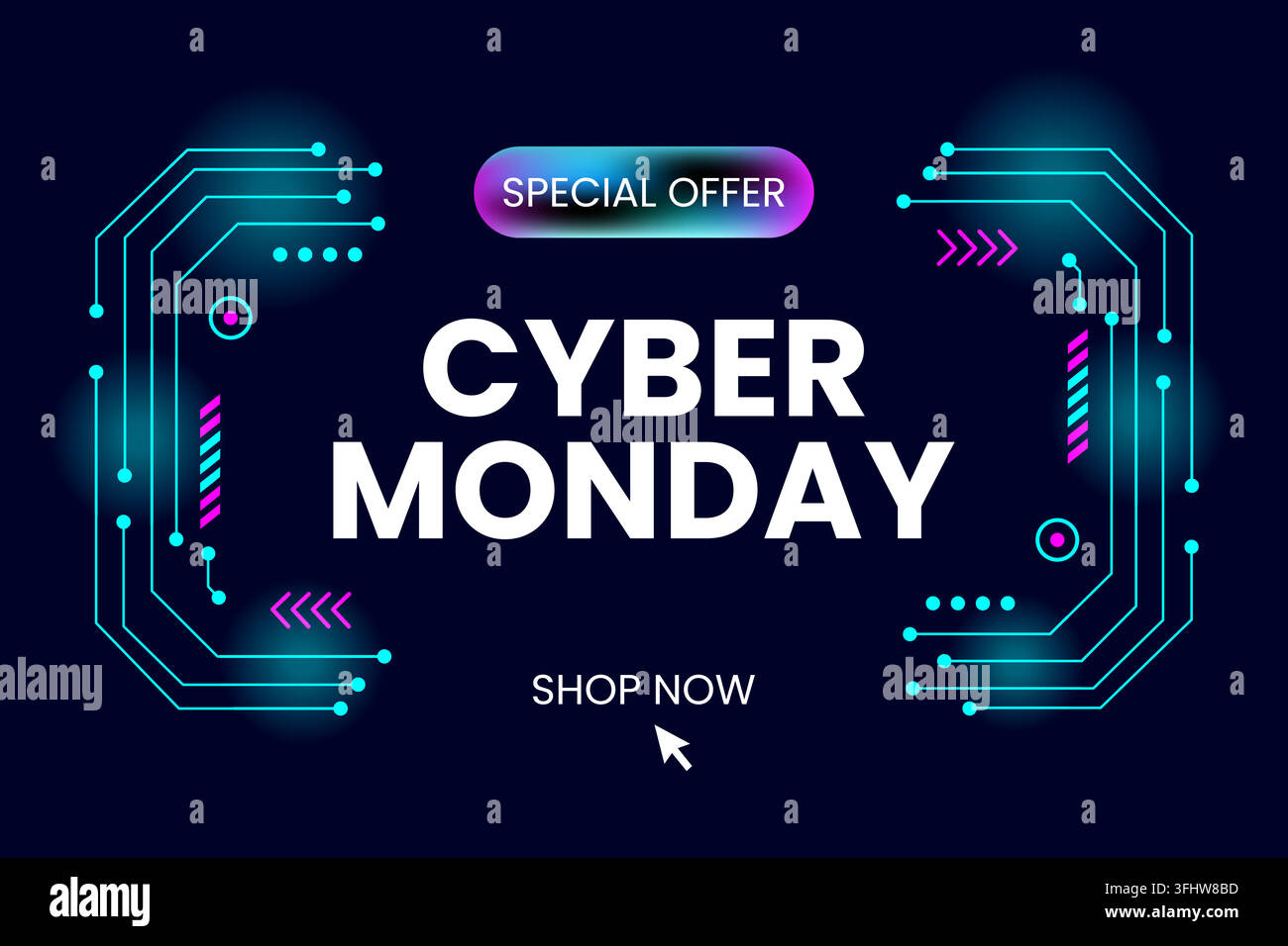 Banner della vendita del Cyber Monday con design futuristico di circuito elettrico ed elementi digitali Illustrazione Vettoriale