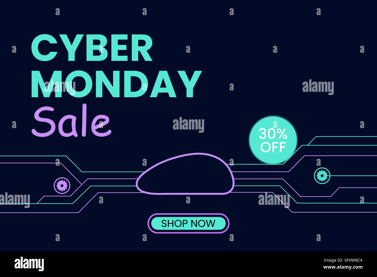 Banner di vendita del Cyber Monday con design a circuito digitale ed elementi di testo blu neon Illustrazione Vettoriale
