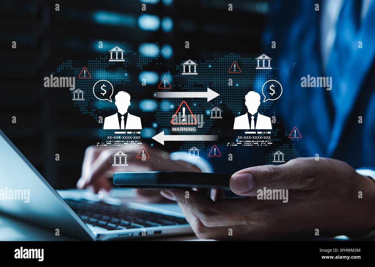 Concetto di rischio di frode bancaria e monitoraggio delle transazioni finanziarie. trasferimento di denaro globale, avvisi di allarme, profili dei clienti, icone bancarie, conformità Foto Stock