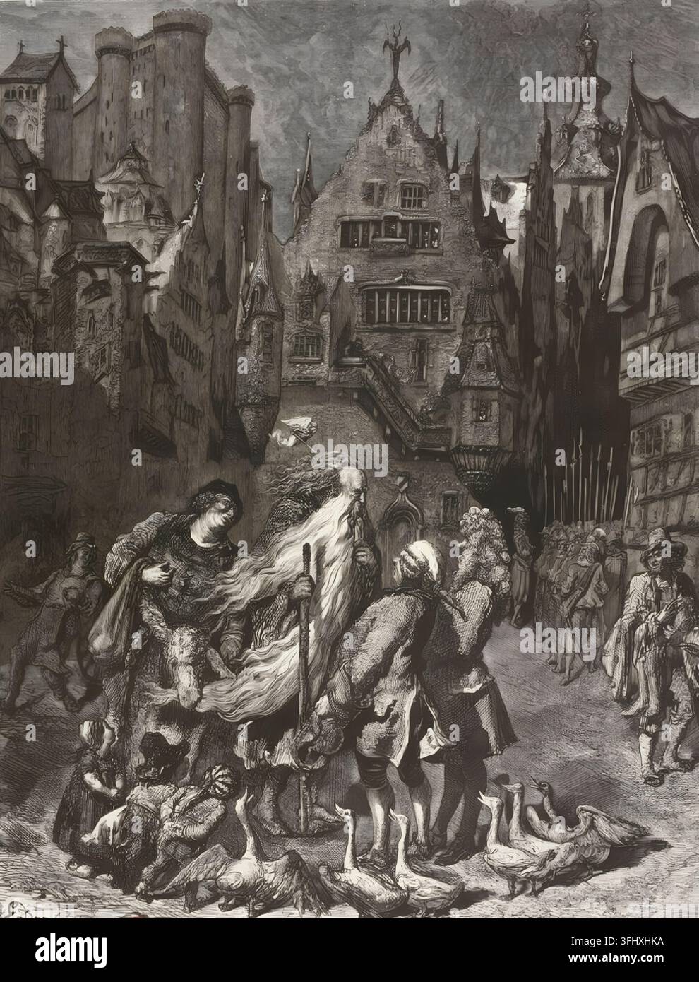 Illustrazione storica di Gustave Doré che raffigura il leggendario Giuda Errante mentre viaggia attraverso una città europea medievale affollata, circondato da cittadini, animali, edifici gotici, torri e architettura religiosa. Il Giuda Errante, chiamato anche Giuda Eterno, è una figura immortale mitica condannata a vagare sulla Terra fino alla Seconda Venuta. Foto Stock