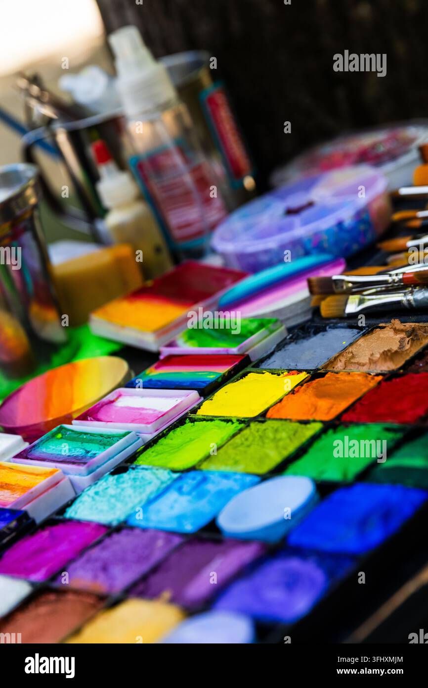Primo piano di una varietà colorata di materiali per acquerelli e pittura disposti sulla superficie di lavoro di un artista. Pigmenti brillanti di diversi colori, pittura Foto Stock