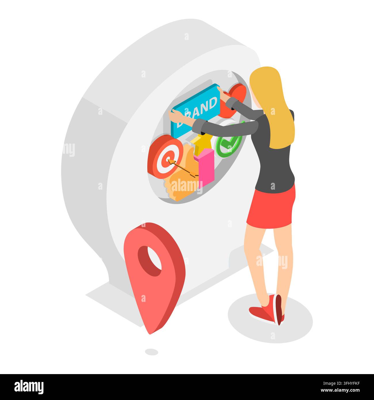 Illustrazione piatta isometrica 3D della posizione del marchio, dell'identità dell'azienda, della campagna promozionale. Punto 2 Foto Stock