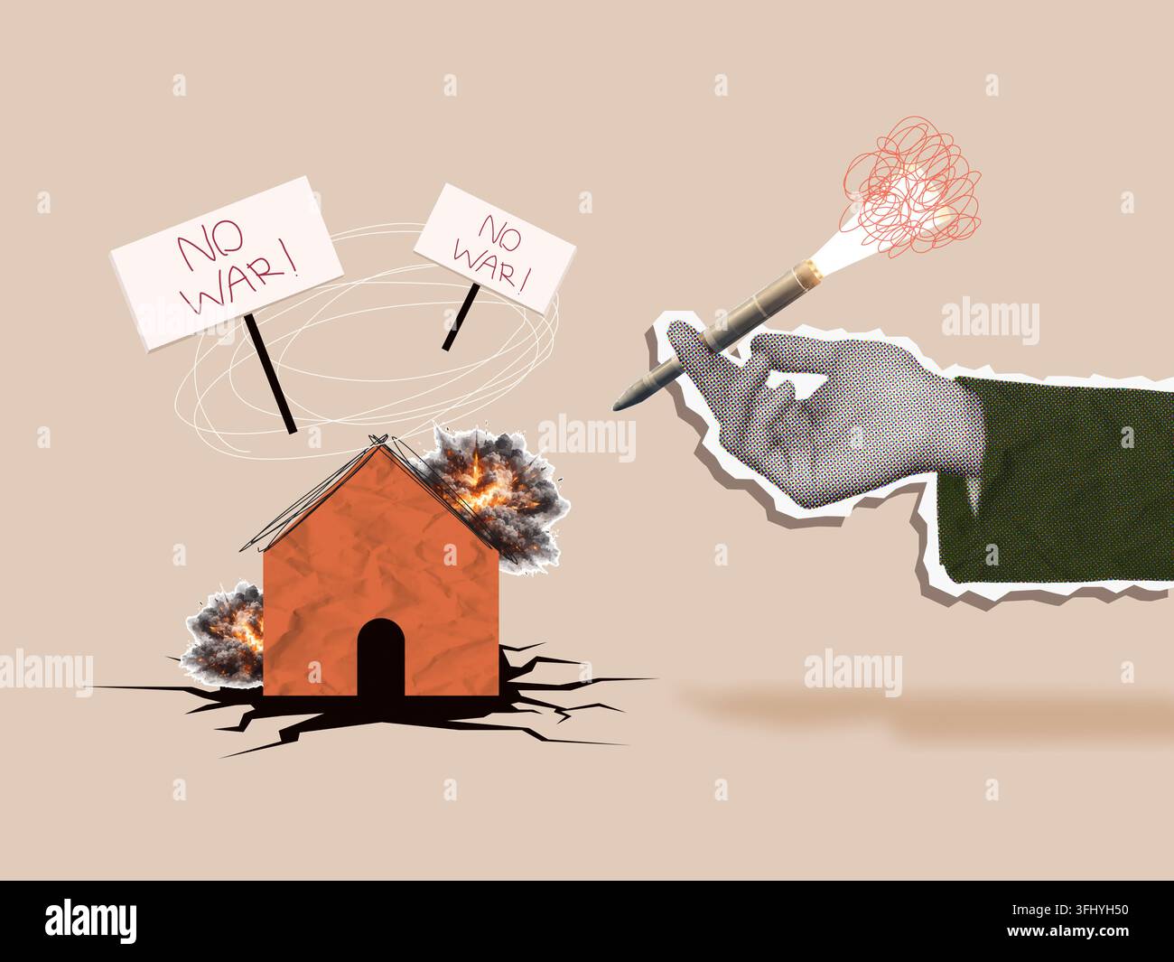 Un collage creativo raffigurante una casa in fiamme con cartelli di protesta che recitano 'Niente Guerra' per evidenziare l'impatto dei conflitti sulle abitazioni. Foto Stock