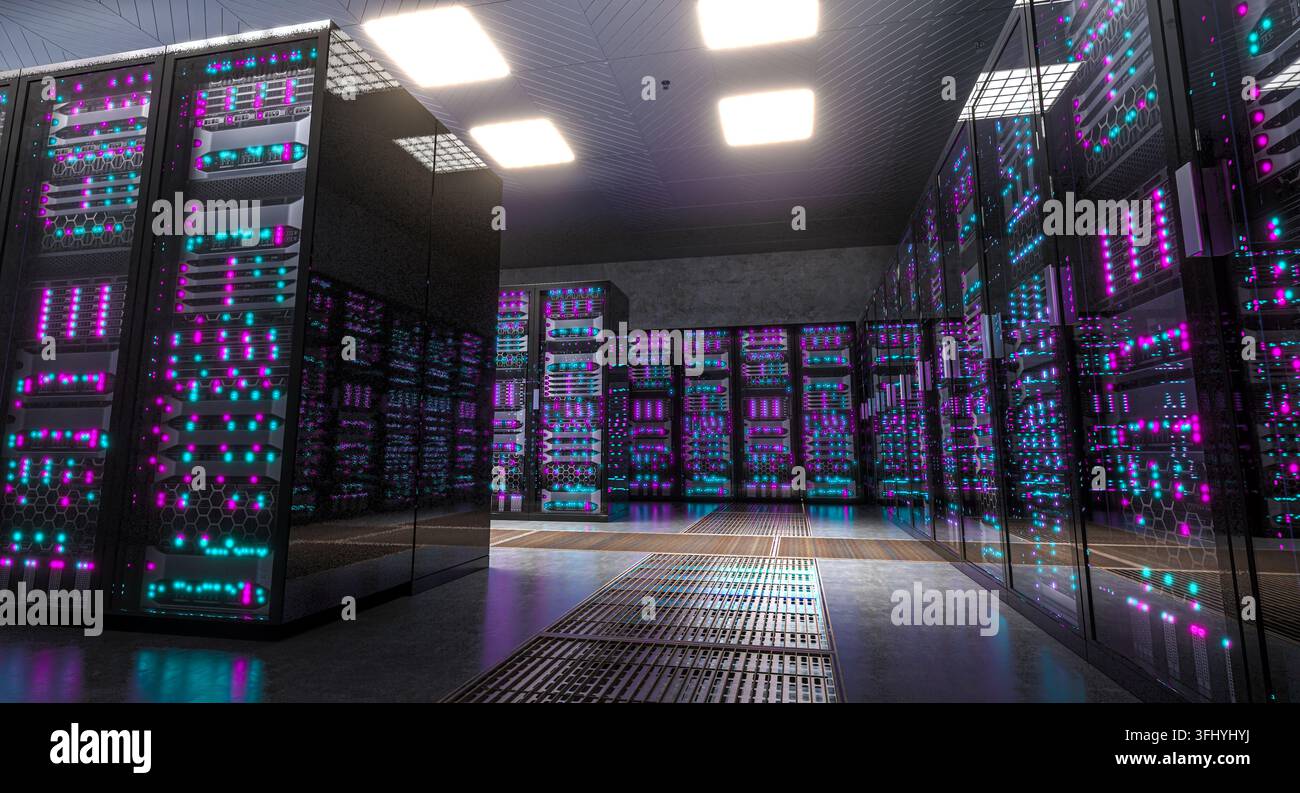 Rack di server con luci luminose 3d Foto Stock