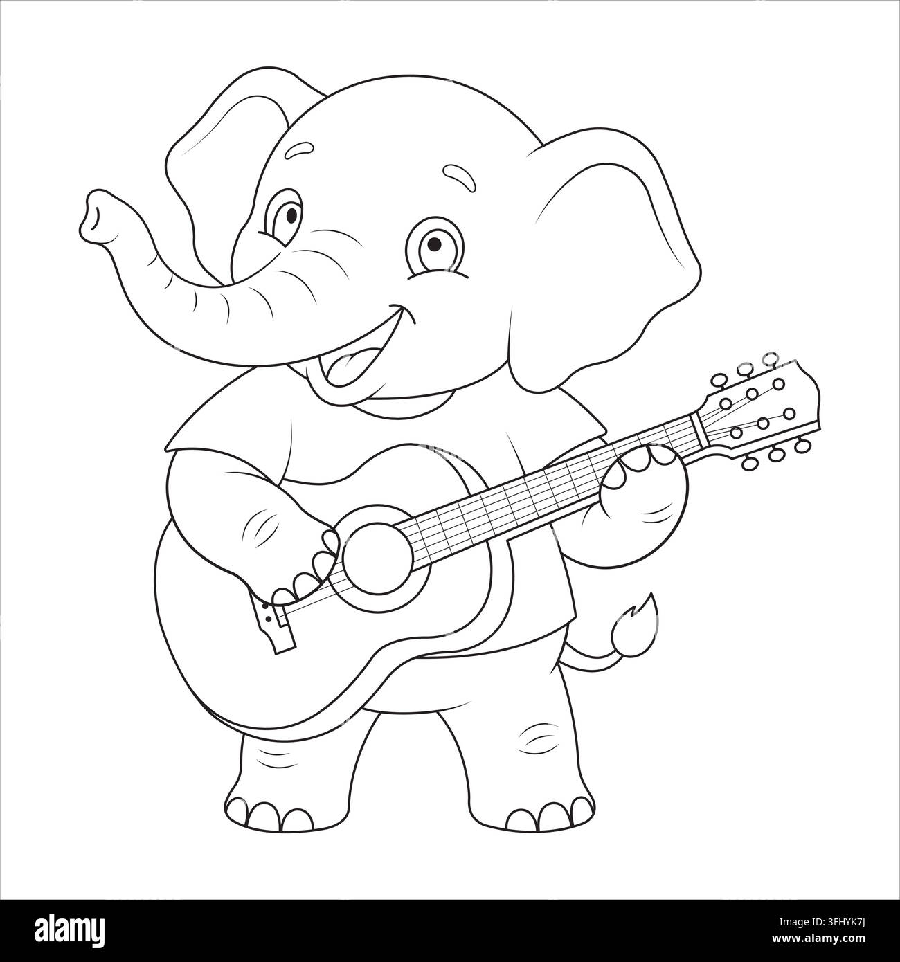 Giocatore di strumento musicale acustico alla chitarra, elefante, che si esibisce sul palco con microfono Illustrazione Vettoriale