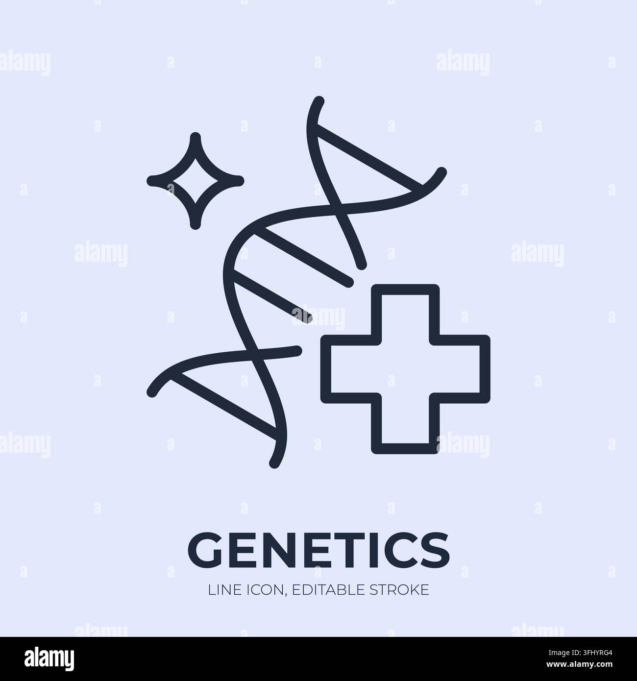 Icona lineare di genetica. Illustrazione vettoriale lineare della medicina del DNA. Segnino sottile della doppia elica con croce medica per genomica, eredità, terapia genica Illustrazione Vettoriale