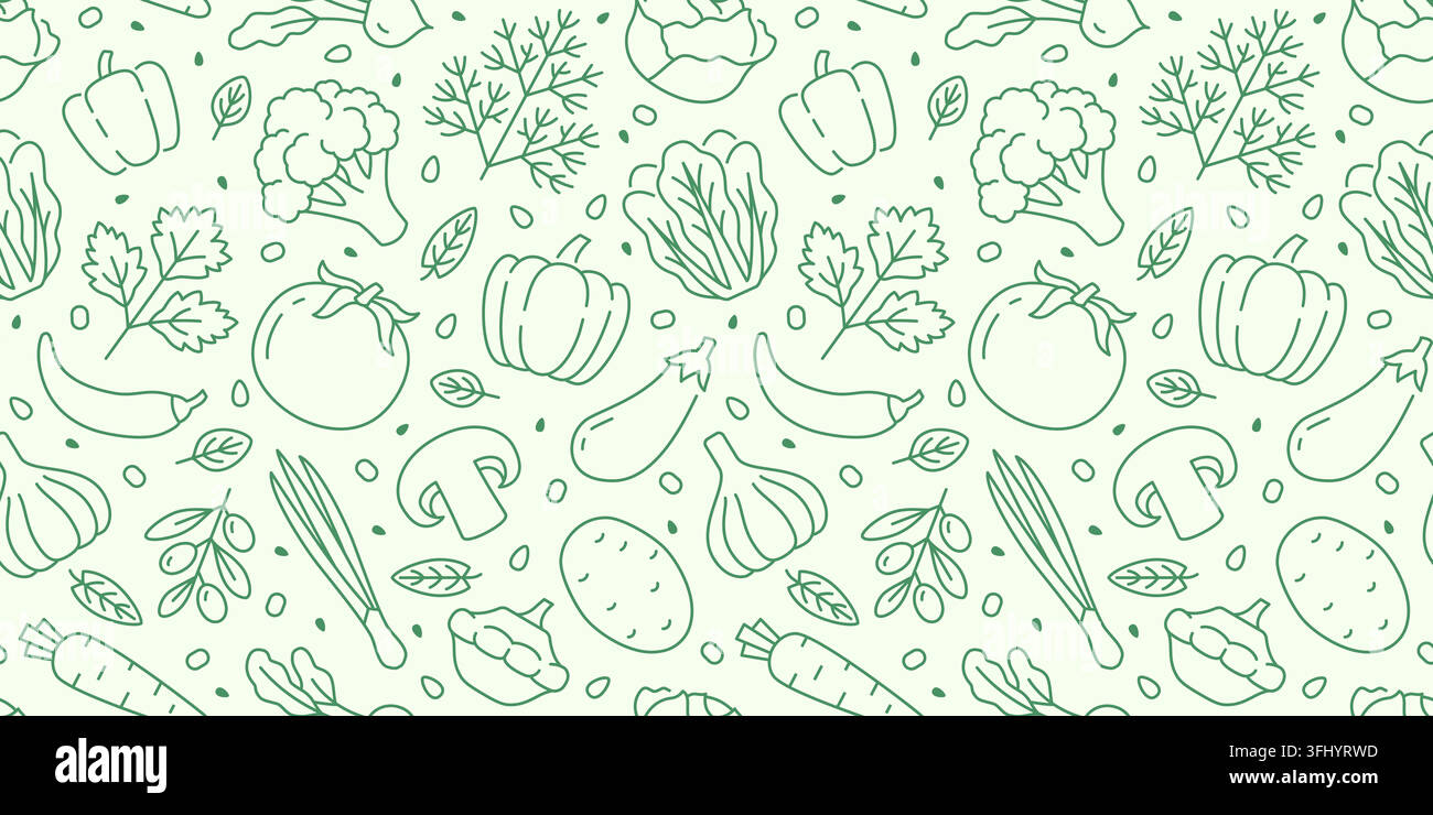 Modello senza cuciture vegetale con icone lineari di pepe, broccolo, pomodoro, melanzana, fungo, aglio illustrazione vettoriale di scarabocchio lineare. Carino verde Illustrazione Vettoriale