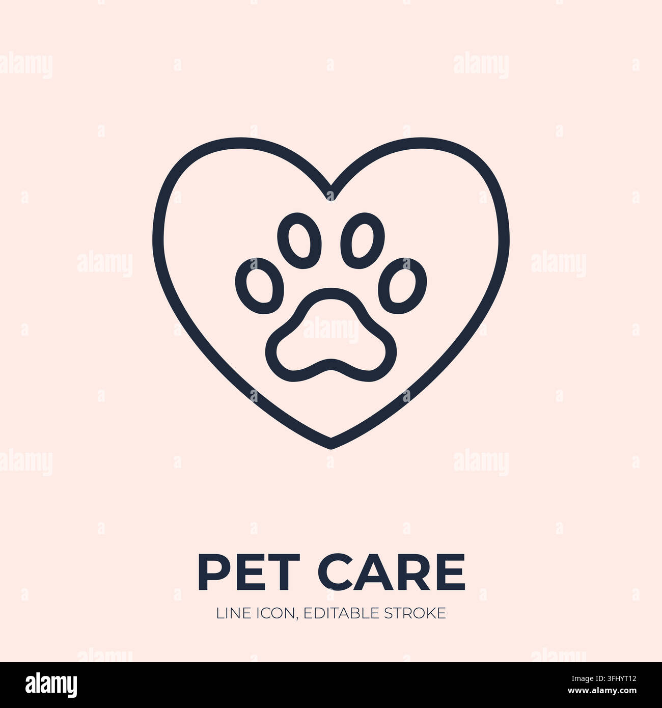 Icona lineare per la cura degli animali. Illustrazione vettoriale lineare dell'amore per gli animali. Segno sottile di un cuore con impronta di zampa per veterinaria, adozione, rifugio, toelettatura, protezione Illustrazione Vettoriale