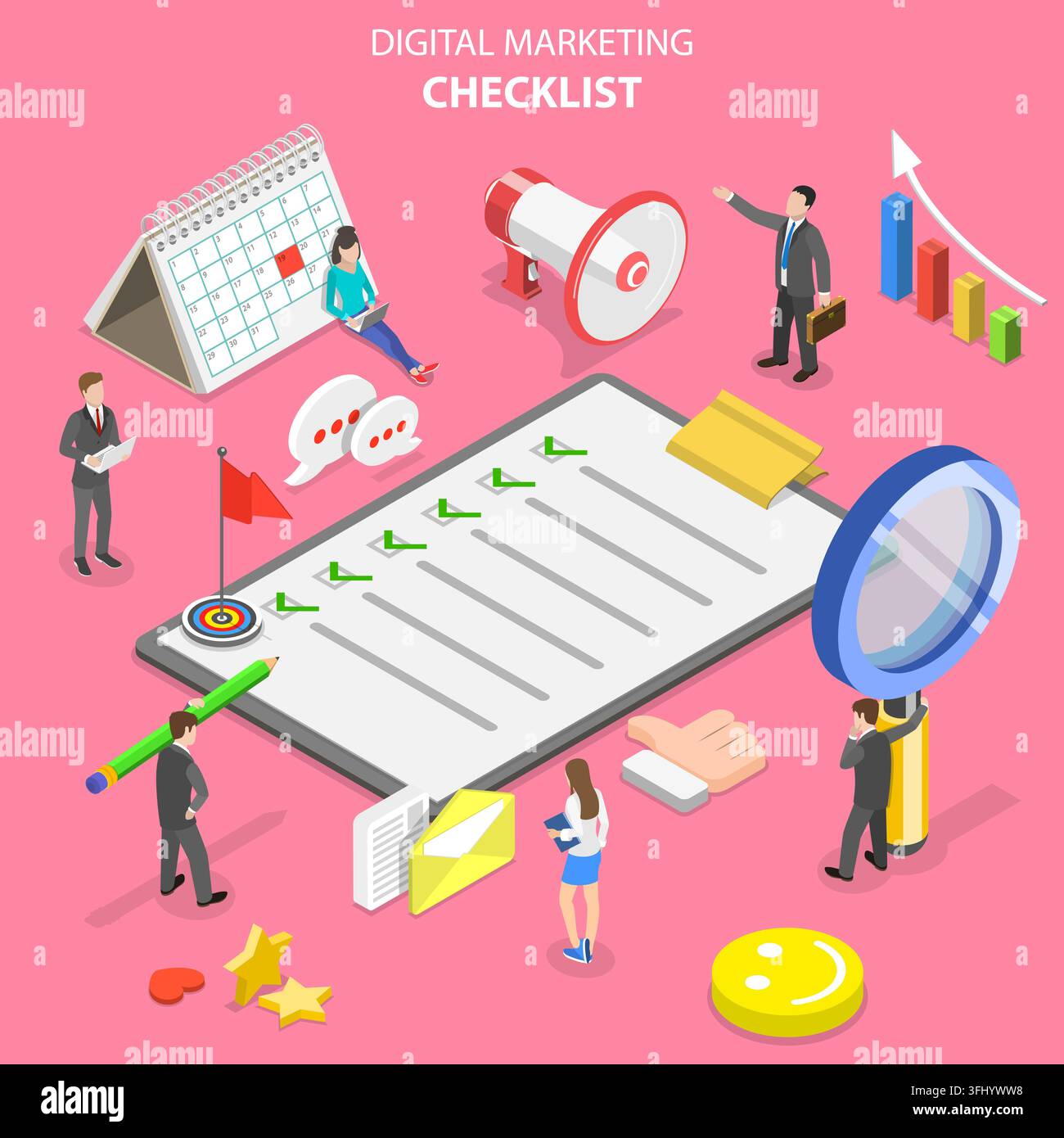 Concetto piatto isometrico di una lista di controllo di marketing, marketing digitale. Foto Stock