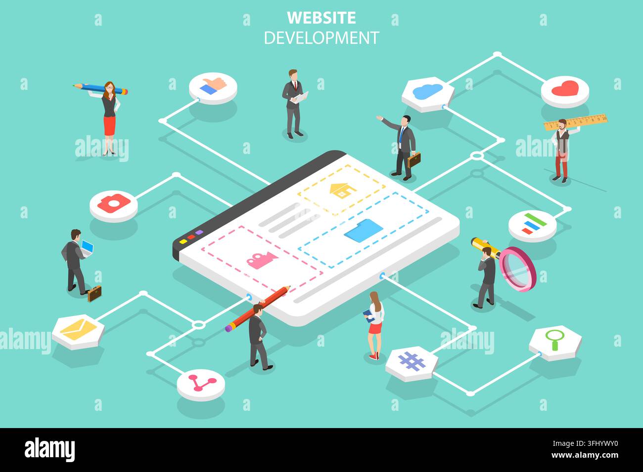 Concetto piatto isometrico di un'agenzia di servizi Web, costruttore di siti Web. Foto Stock