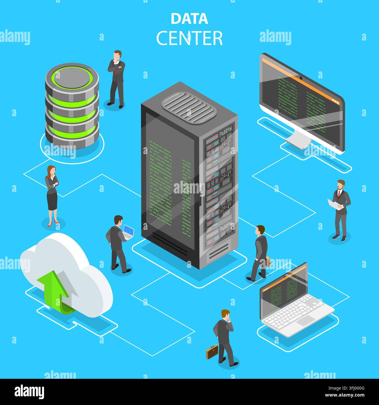 Concetto isometrico piatto per data center. Foto Stock