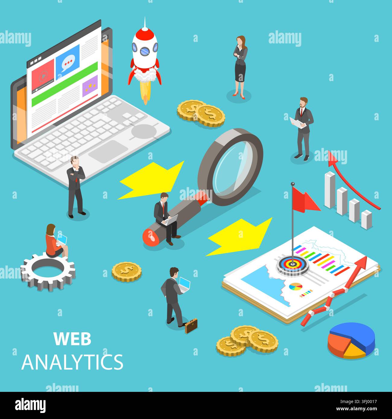 Concetto isometrico piatto di analisi Web. Foto Stock