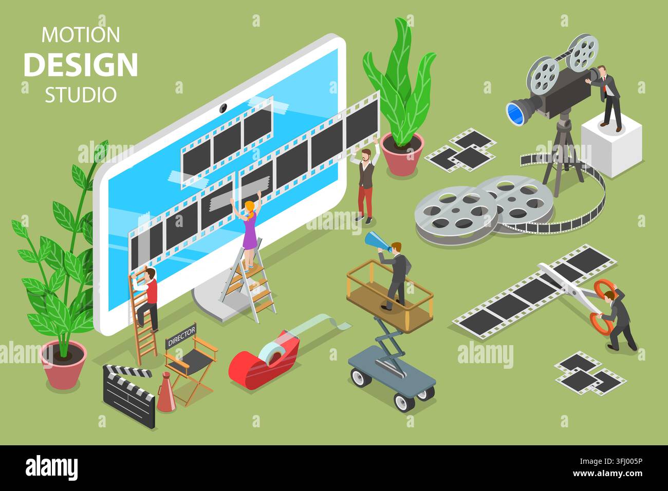 Concetto piatto isometrico di studio di motion design. Foto Stock