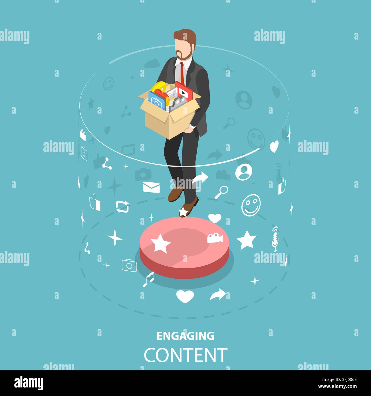 Concetto piatto isometrico di marketing dei contenuti coinvolgente. Foto Stock