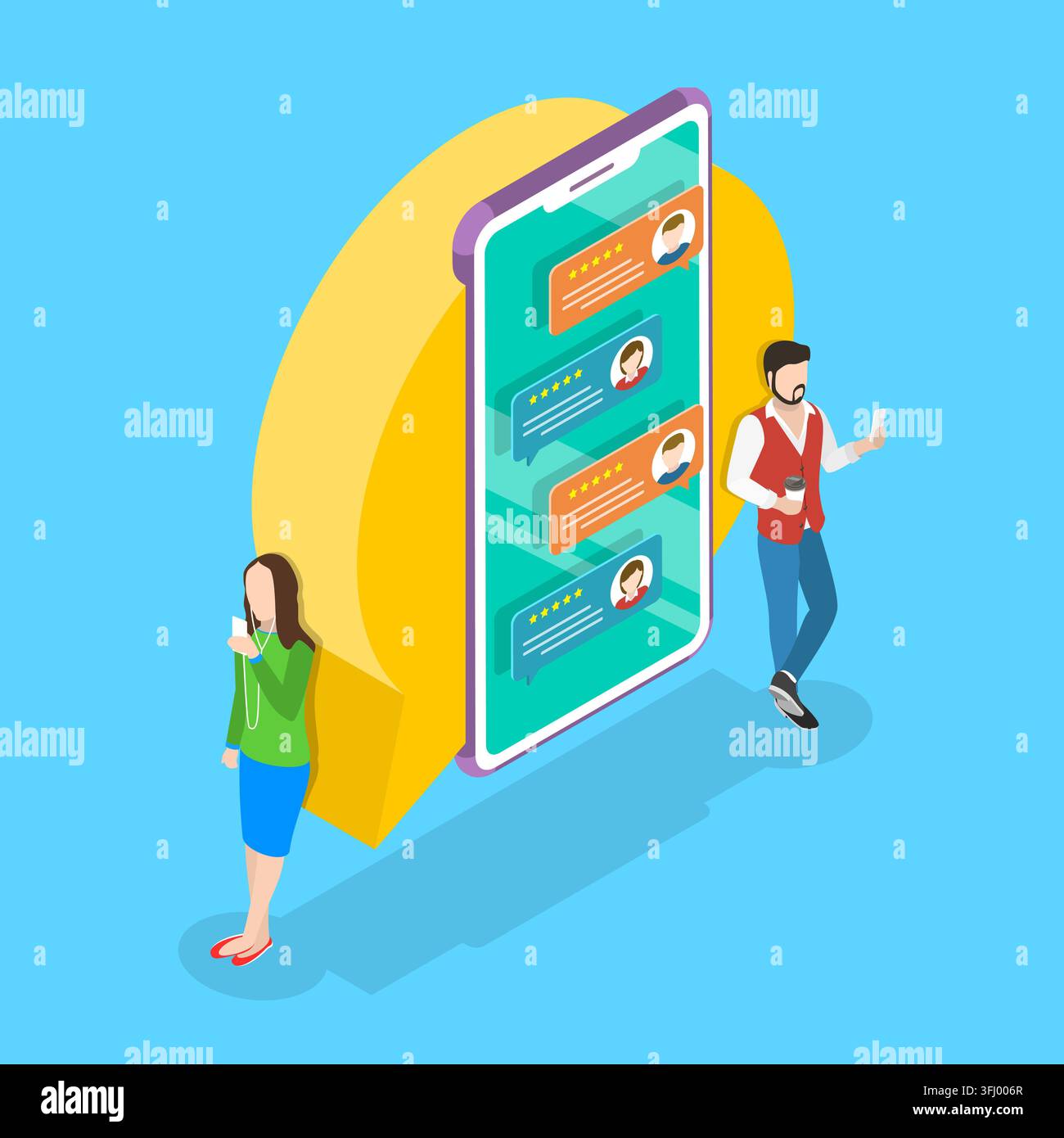 Concetto piatto isometrico per messenger online, chat mobili. Foto Stock