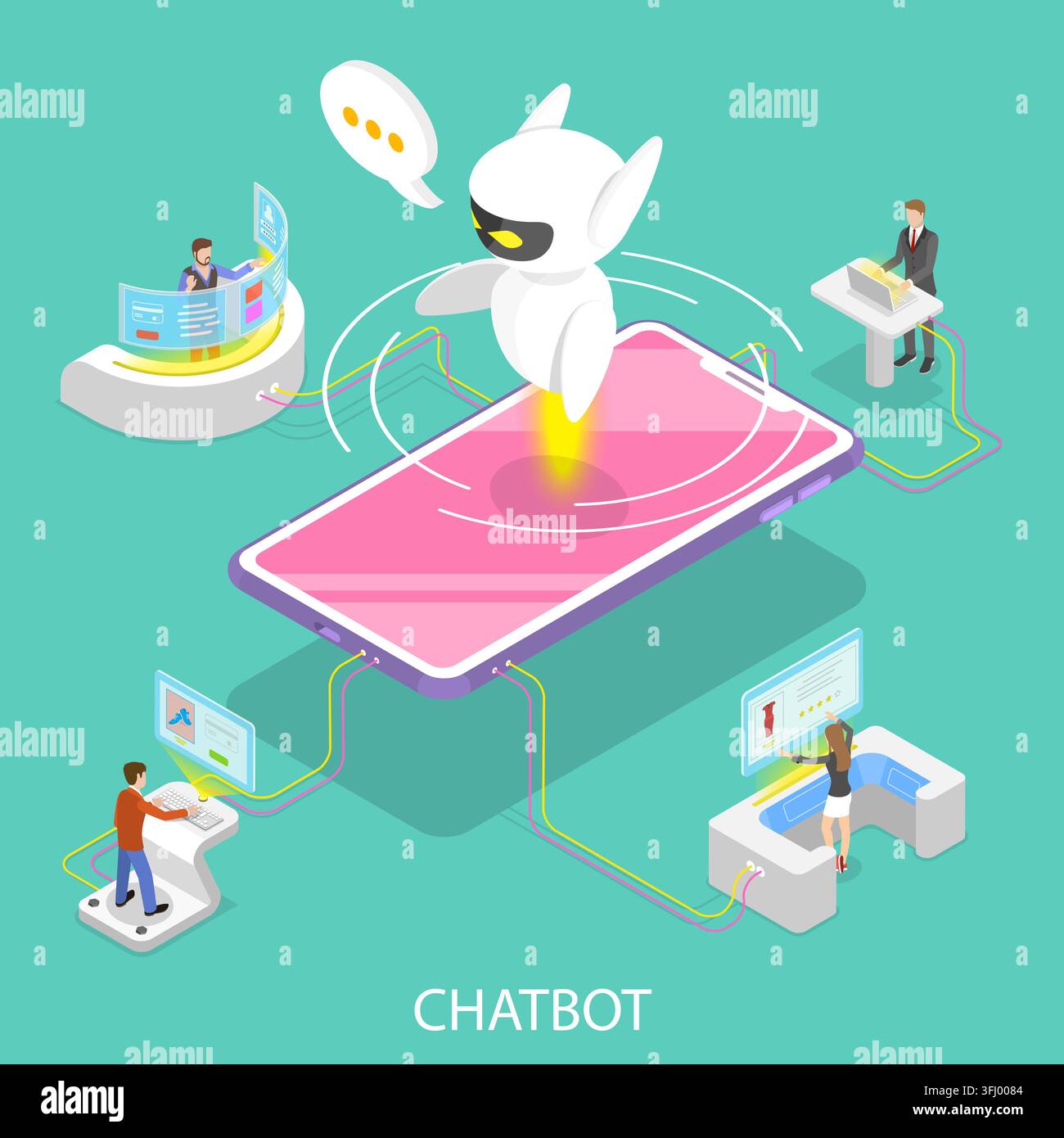 Concetto isometrico piatto di chatbot, IA. Foto Stock