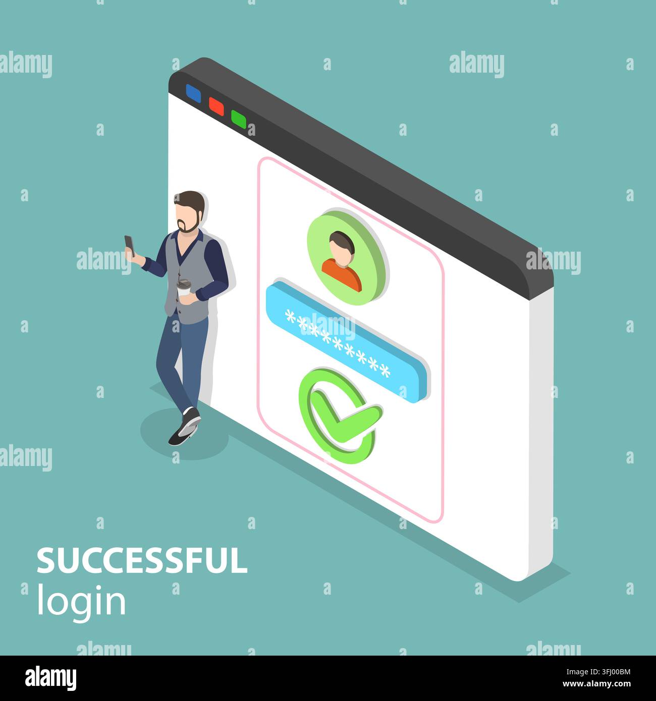 Concetto piatto isometrico di login riuscito. Foto Stock