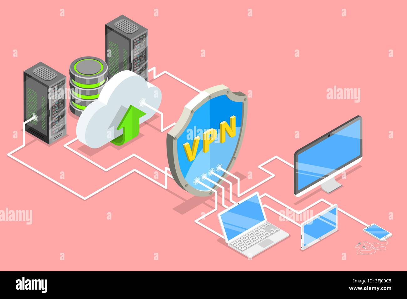 Illustrazione concettuale piatta isometrica di protezione VPN. Foto Stock