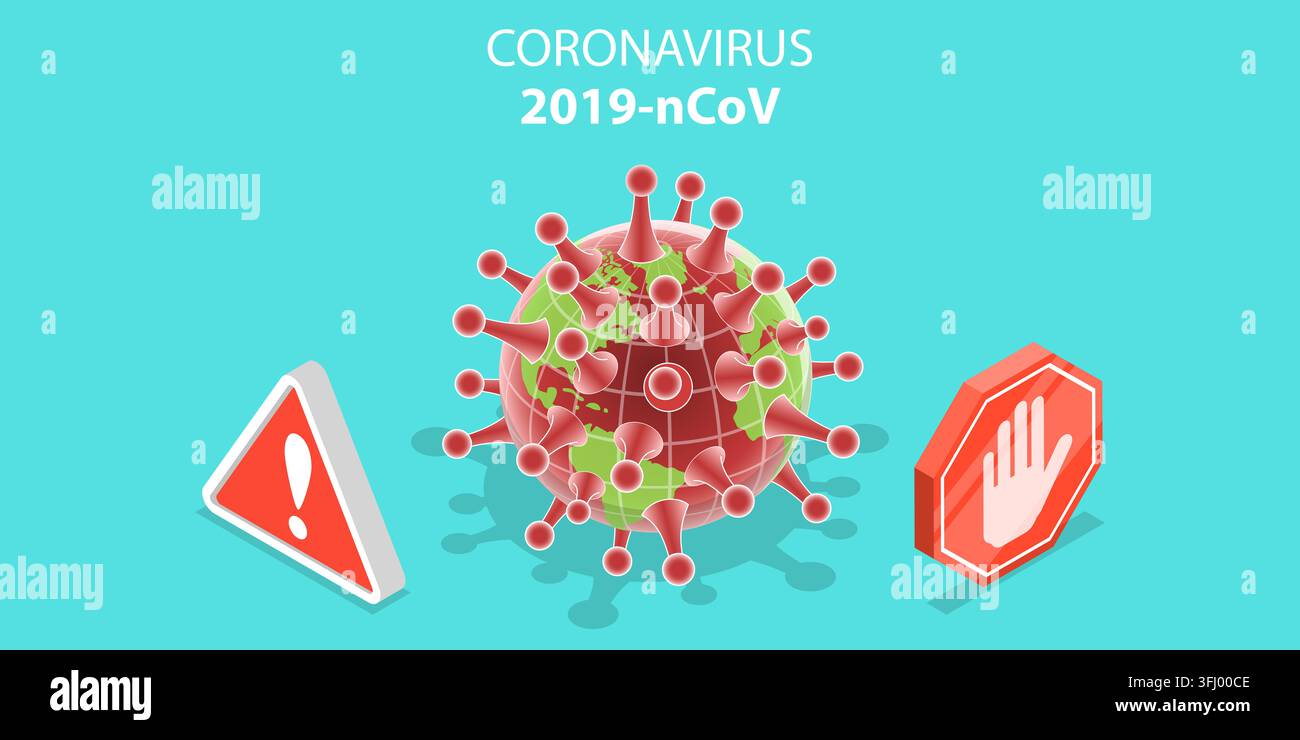 Concetto isometrico 3D di un'epidemia di coronavirus. Foto Stock