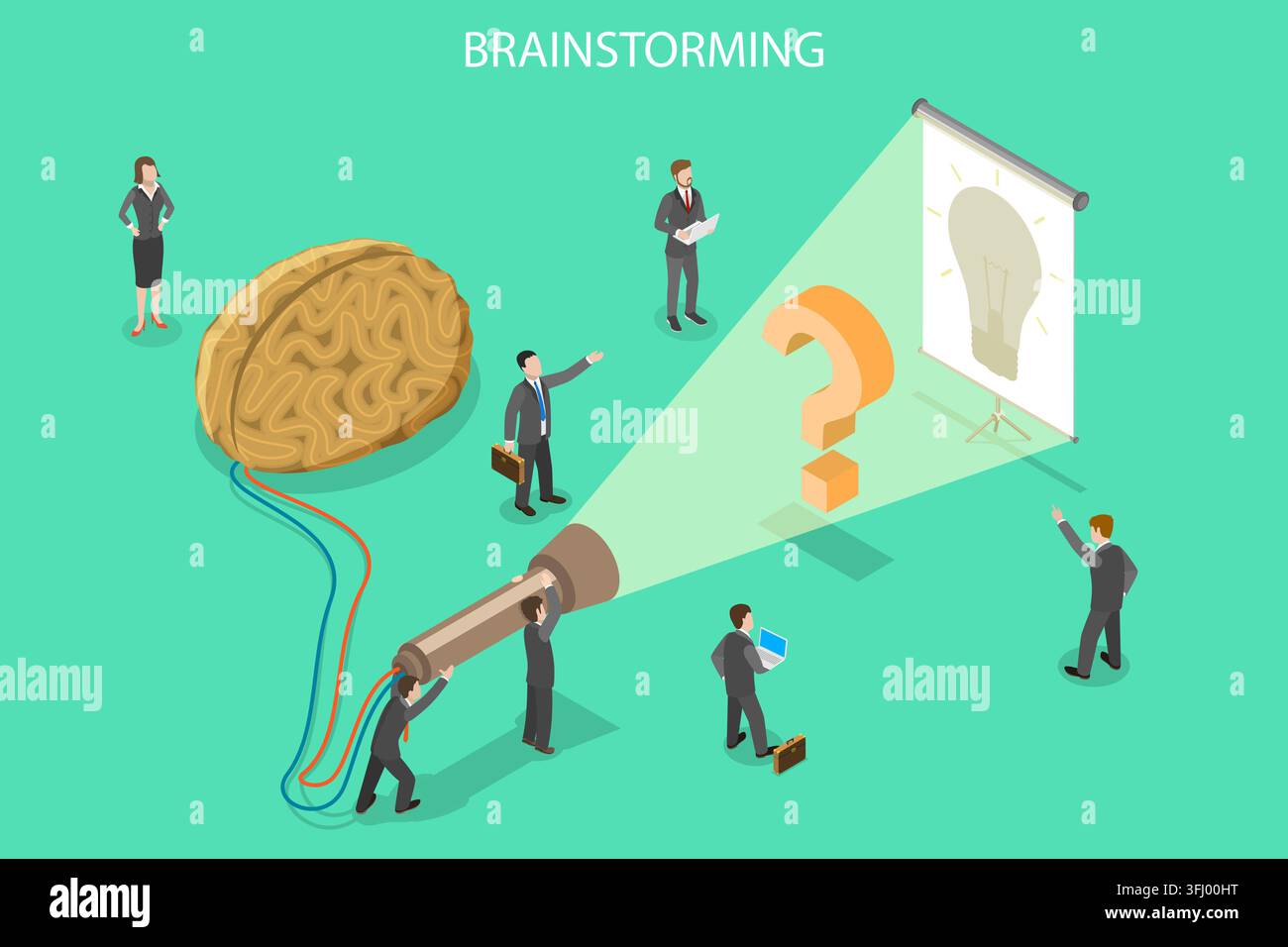 Brainstorming, innovazione e soluzione concetto piatto isometrico. Foto Stock