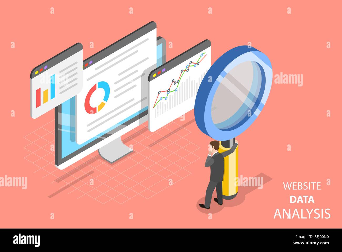 Analisi dei dati del sito web isometrica piatta. Foto Stock