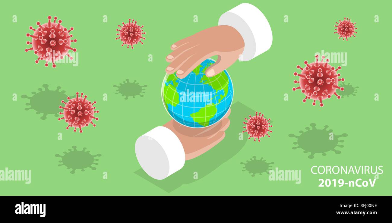 Concetto isometrico 3D di un'epidemia di coronavirus. Foto Stock