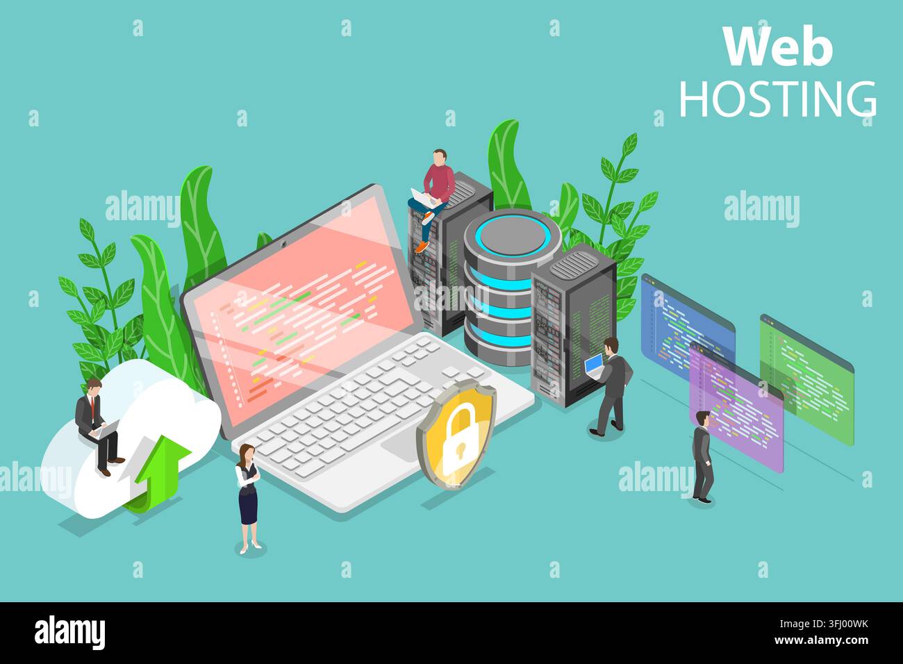 Servizio di hosting web concetto isometrico piatto. Foto Stock