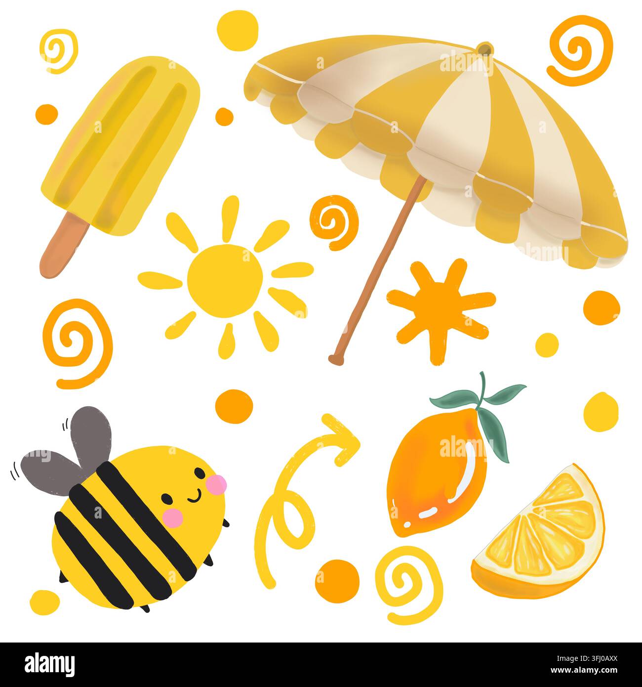 Un'illustrazione digitale disegnata a mano che raffigura un ghiacciolo, un ombrellone da spiaggia a righe, un sole, un'ape, un limone, una fetta di agrumi e swirls e punti decorativi. Foto Stock