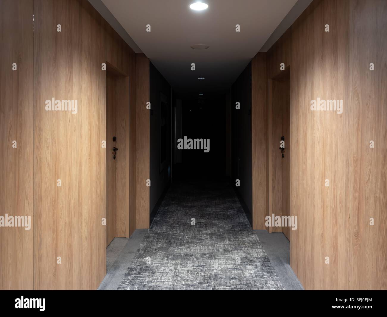 La vista prospettica lungo un corridoio stretto con eleganti dettagli in legno e illuminazione incassata, che crea un'atmosfera sobria adatta all'architettura Foto Stock