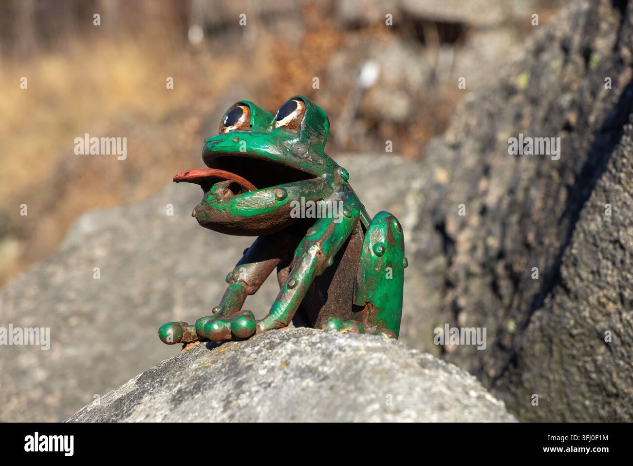 Szklarska Poręba, Polonia – 18 dicembre 2025: La figura artigianale di anfibi in ferro poggia su pietra, catturando uno stile decorativo stravagante in un ambiente naturale Foto Stock