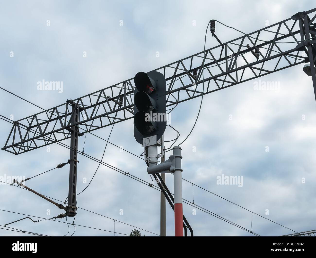 La lampada del segnale ferroviario sospesa che mostra una luce rossa su una struttura metallica, rappresentante protocolli di sicurezza essenziali, comunicazione ferroviaria e transi Foto Stock