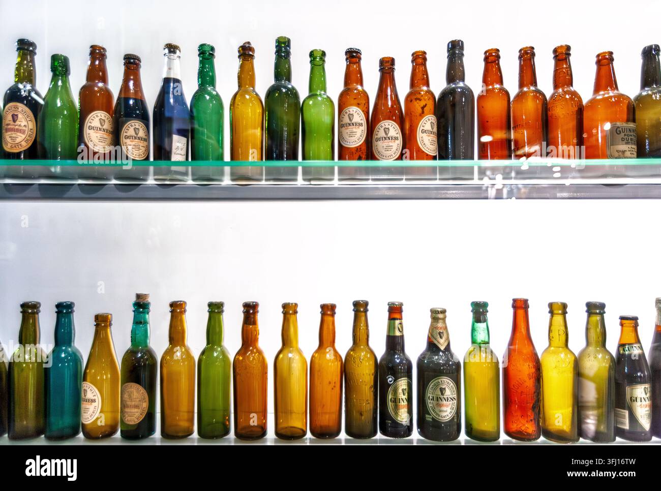 Una mostra di bottiglie di vetro storiche Guinness Extra Stout su scaffali illuminati al museo Guinness Storehouse a Dublino, Irlanda. Foto Stock