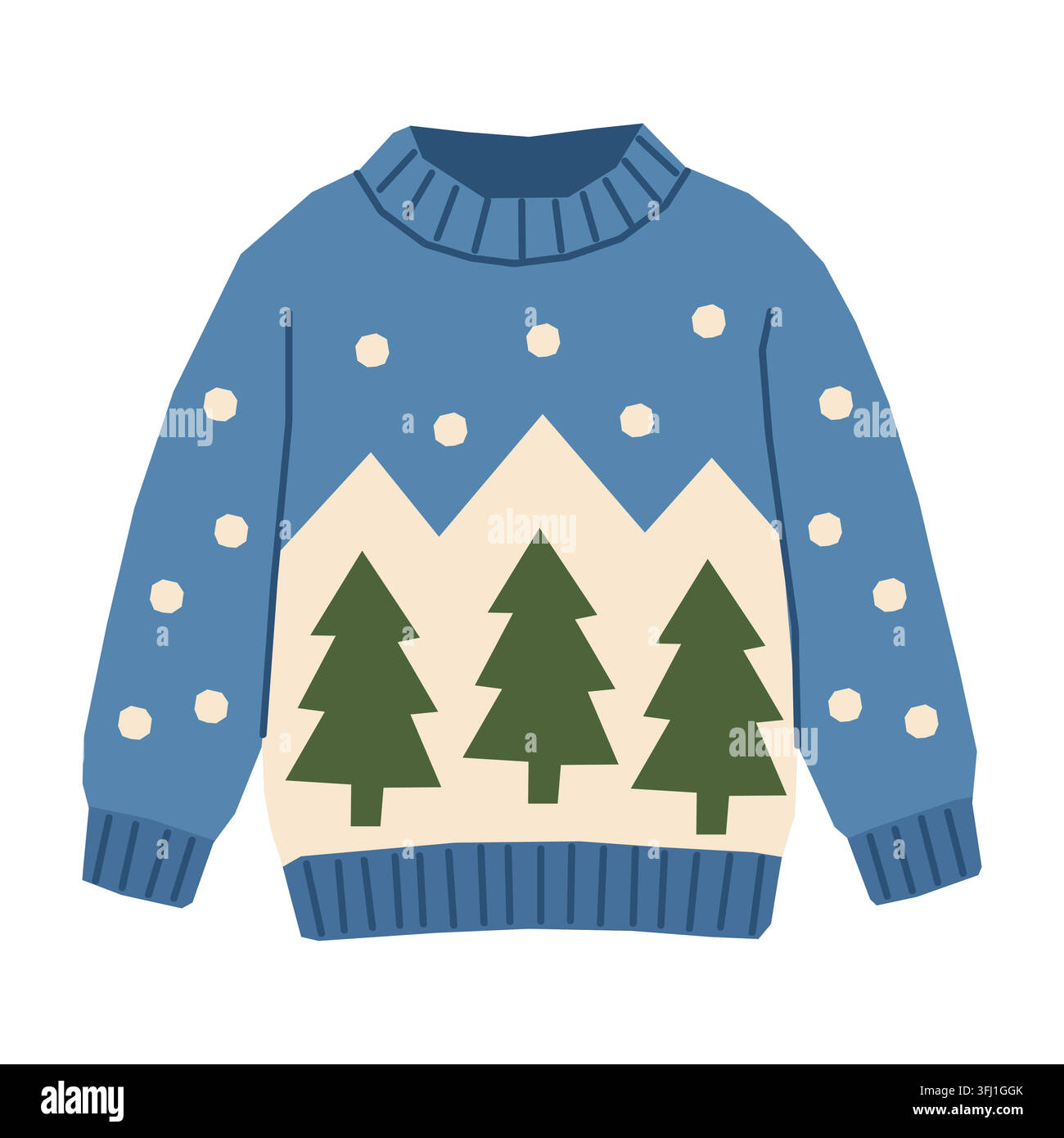 Maglione invernale blu con motivo albero di Natale e montagna illustrazione vettoriale Illustrazione Vettoriale