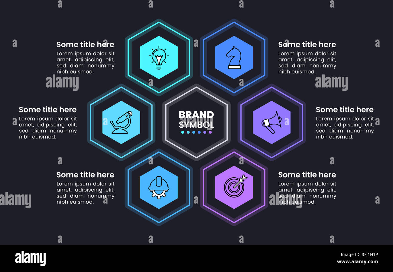 Modello infografico con icone e 6 opzioni o passaggi. Esagoni. Può essere utilizzato per layout del flusso di lavoro, diagrammi, banner, webdesign. Illustrazione vettoriale Illustrazione Vettoriale