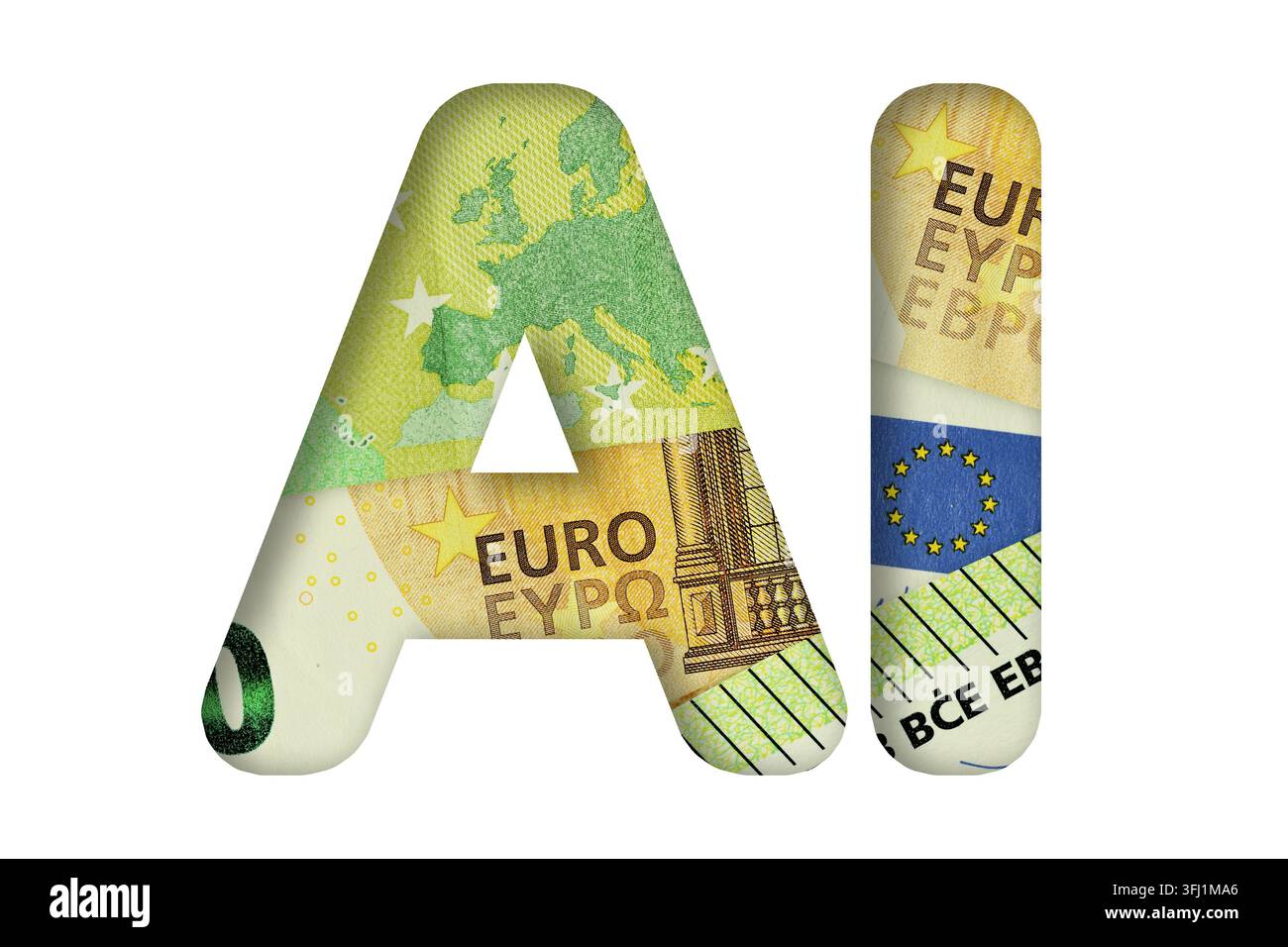 Testo IA composto da banconote in euro su sfondo bianco - Concetto di IA e questioni finanziarie Foto Stock