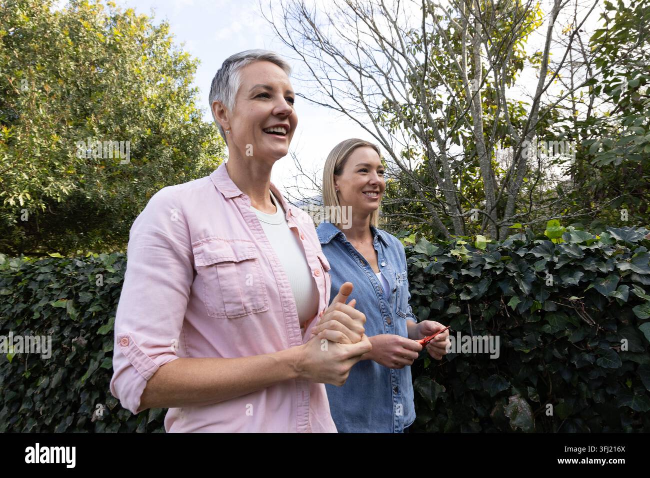 Donne anziane e giovani che fanno giardinaggio in un giardino vicino a una siepe di edera, indossando una camicia di jeans e tenendo delle cesoie rosse. All'aperto, cortile, vegetazione Foto Stock