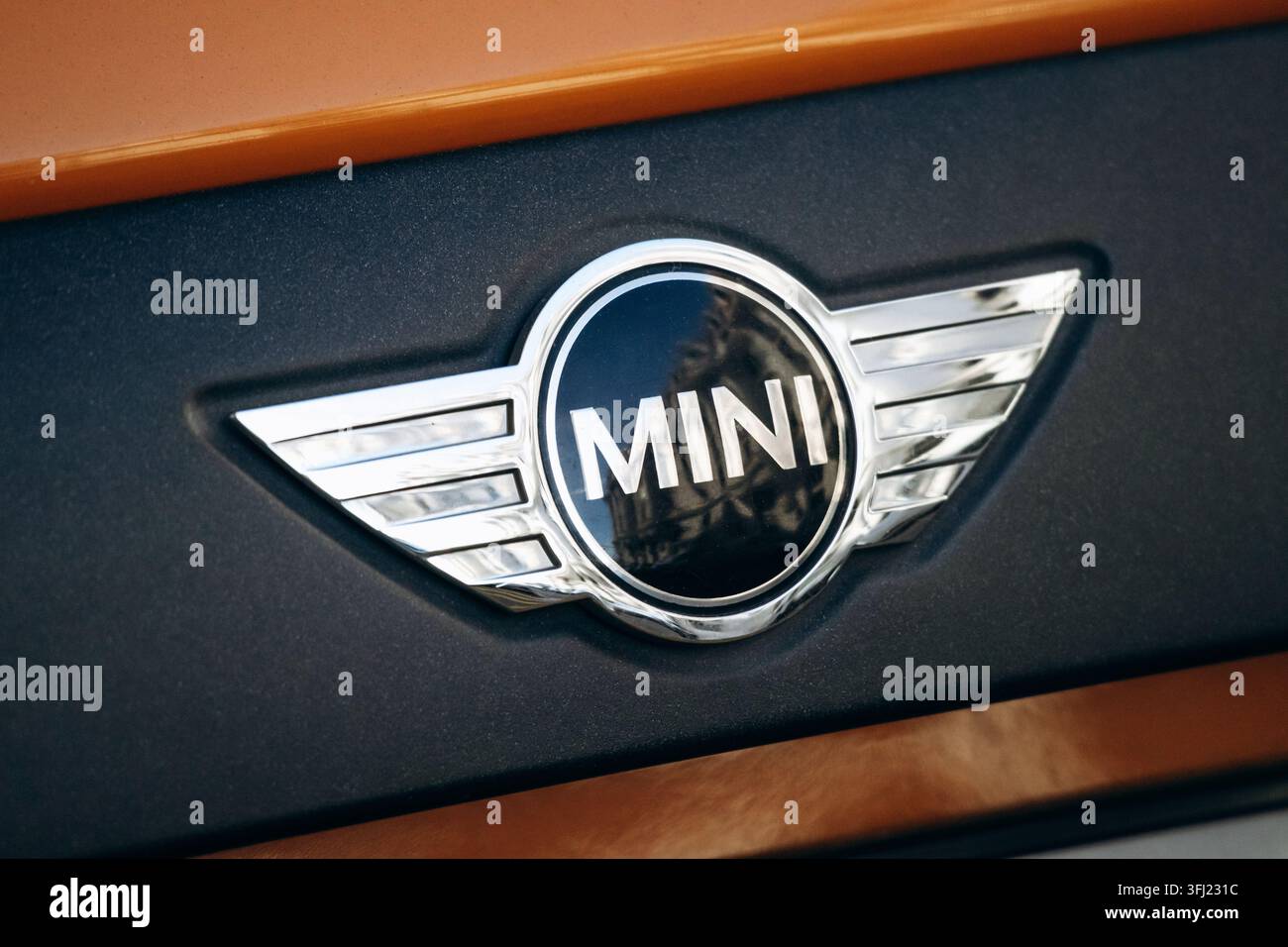 Nizza, Francia - 11 novembre 2025: Vista ravvicinata del logo MINI su un'auto. Foto Stock