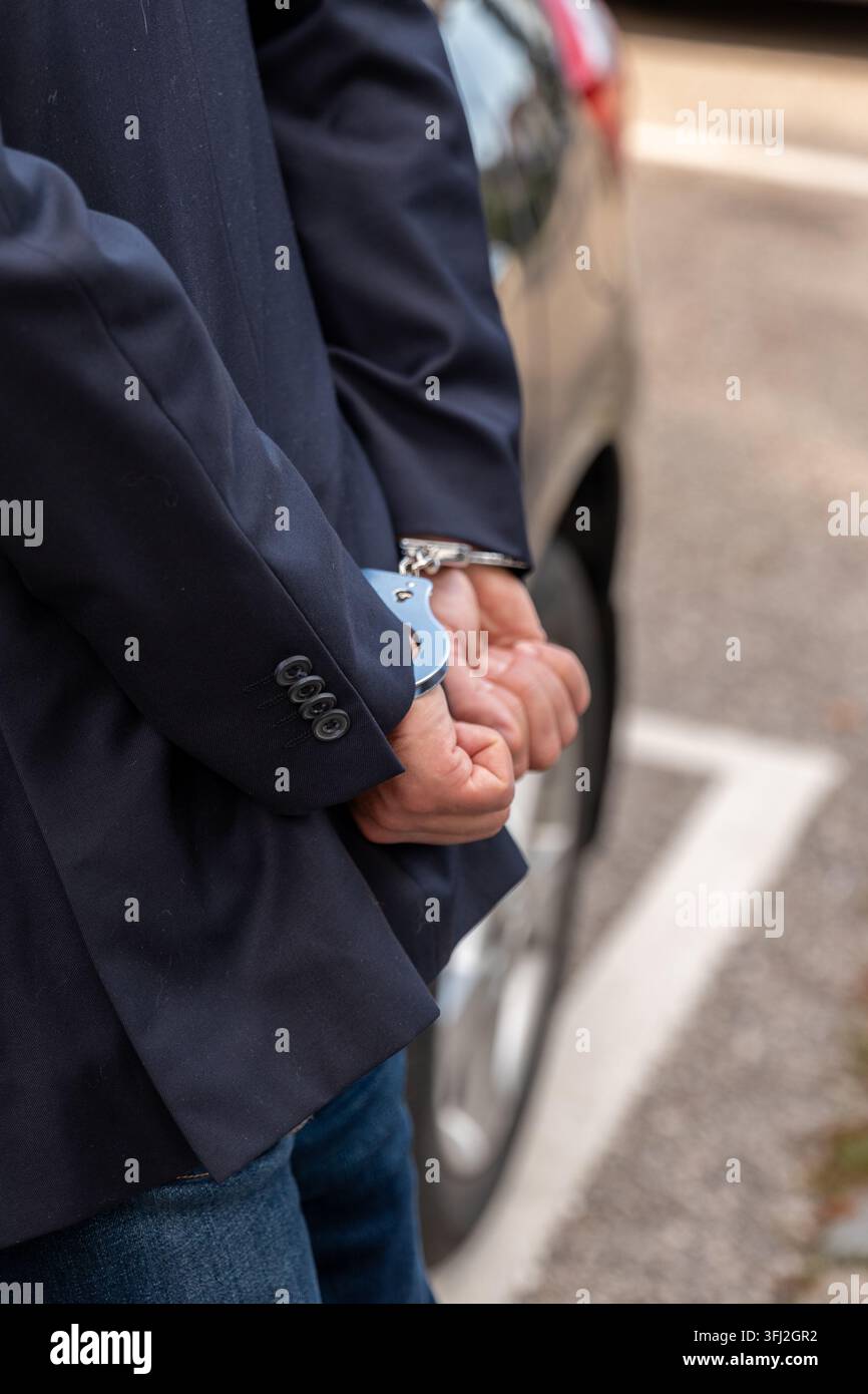 Concetto di arresto e responsabilità penale con spazio visivo adatto per pubblicità, titoli, testo o design di notizie Foto Stock