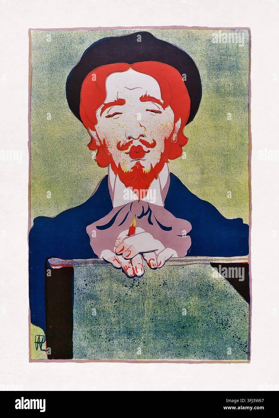 Litografia a colori Art Nouveau creata nel 1895 da René-Georges Hermann-Paul che raffigura un artista boemo dai capelli rossi stilizzato in piena contemplazione creativa. Foto Stock