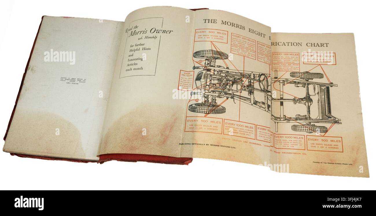 Manuale operativo per l'auto Morris Eight edizione 1935, Regno Unito, con pagina aperta sul diagramma pieghevole della tabella di lubrificazione Foto Stock