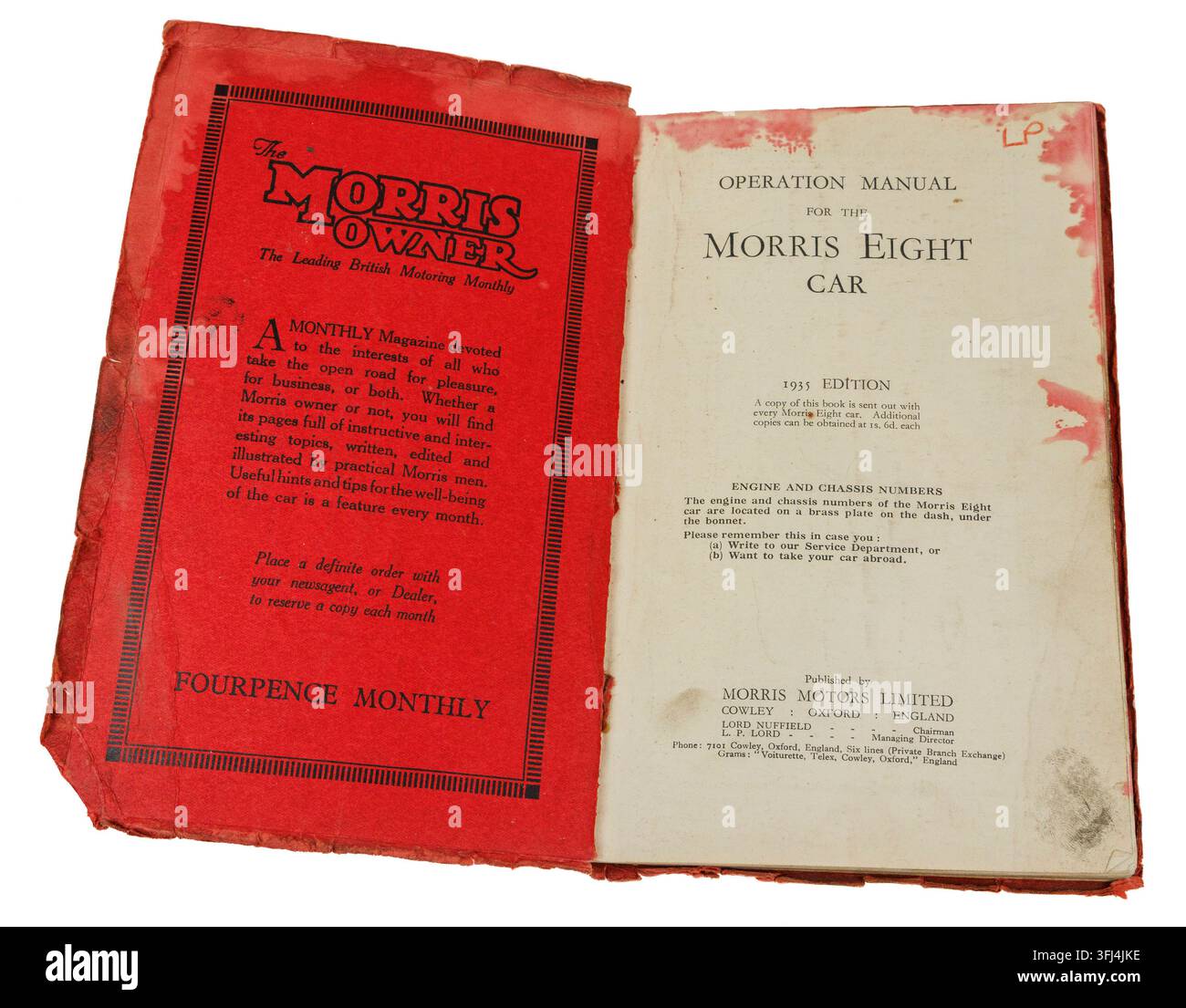 Manuale operativo per l'auto Morris Eight edizione 1935, Regno Unito, aperto alla pagina del titolo Foto Stock