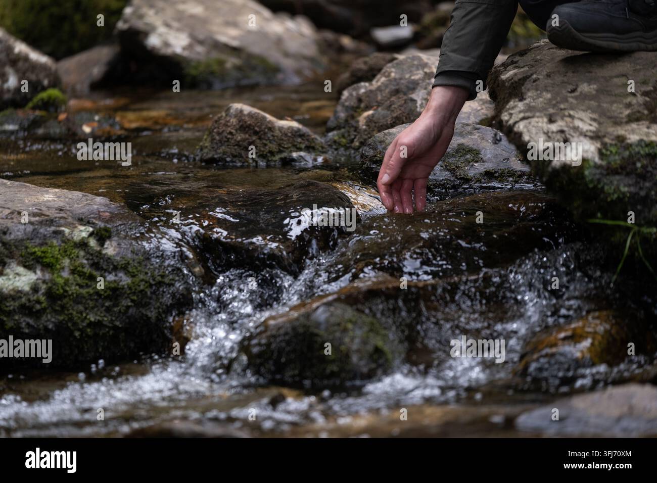 Persona che si china per toccare l'acqua fresca che scorre in un ruscello roccioso nel bosco, con pietre ricoperte di muschio e uno stivale da trekking visibile nelle vicinanze. Natura all'aperto Foto Stock