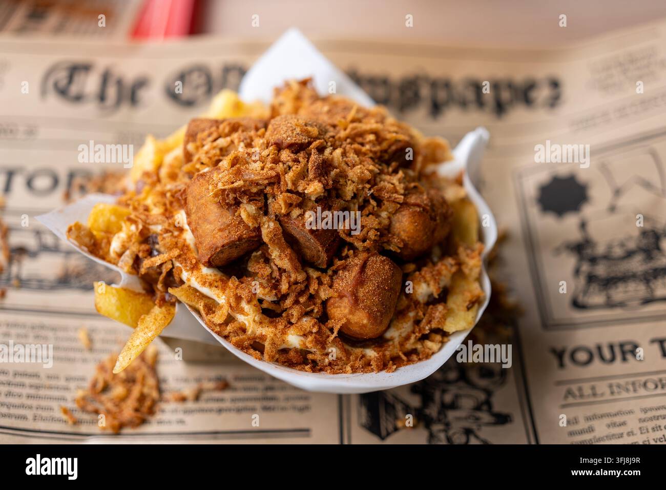 Julientje, patatine belgiche con salsa di carne stufata e cipolle fritte, Gand Foto Stock